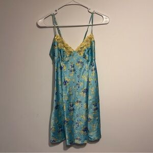 Victorias Secret Floral Blue Yellow Lace Trim Slip Dress